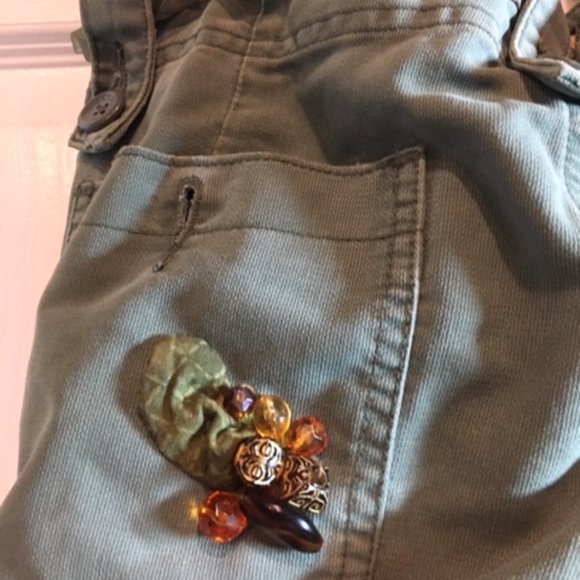 American Eagle Jean Fabric Olive Green Beads Lace Flowers Shoulder Bag Tote - Picture 8 of 16